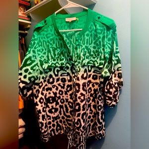 Calvin Klein XL buttondown cheetah print green ombré top roll sleeves & pockets.